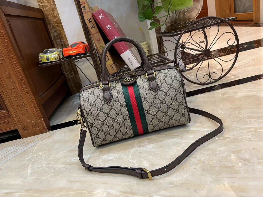 Gucci Ophidia Boston Bag GG Coated Canvas Medium Brown